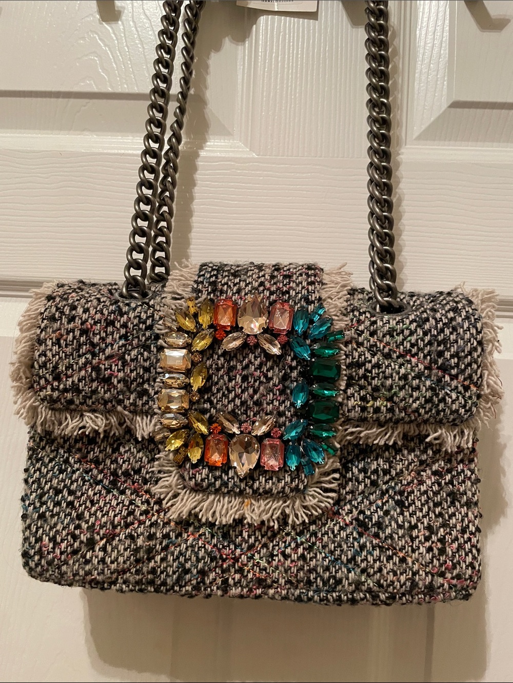 Kurt Geiger Tweed Multicolor Jeweled Buckle Shoulder Bag Large